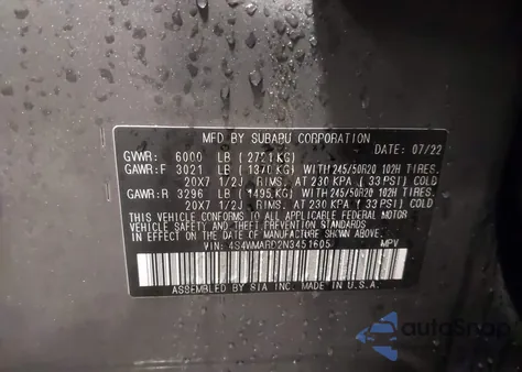 2022 Subaru Ascent Touring z USA, uszkodzony, nr VIN 4S4WMARD2N3451605